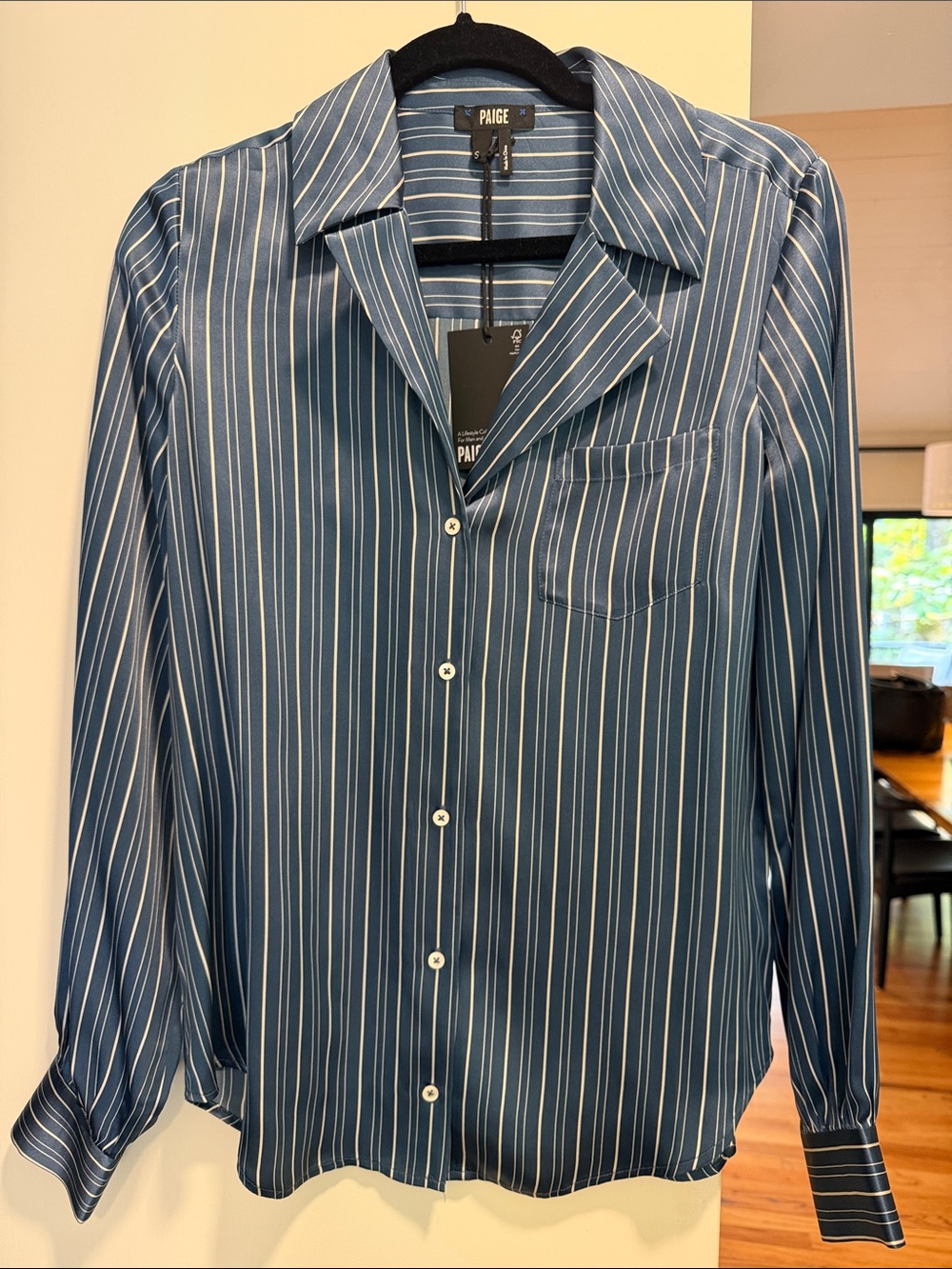 PAIGE Ladies Blue Vertical Stripe Silky Satin Button-Down Shirt NWT size Small